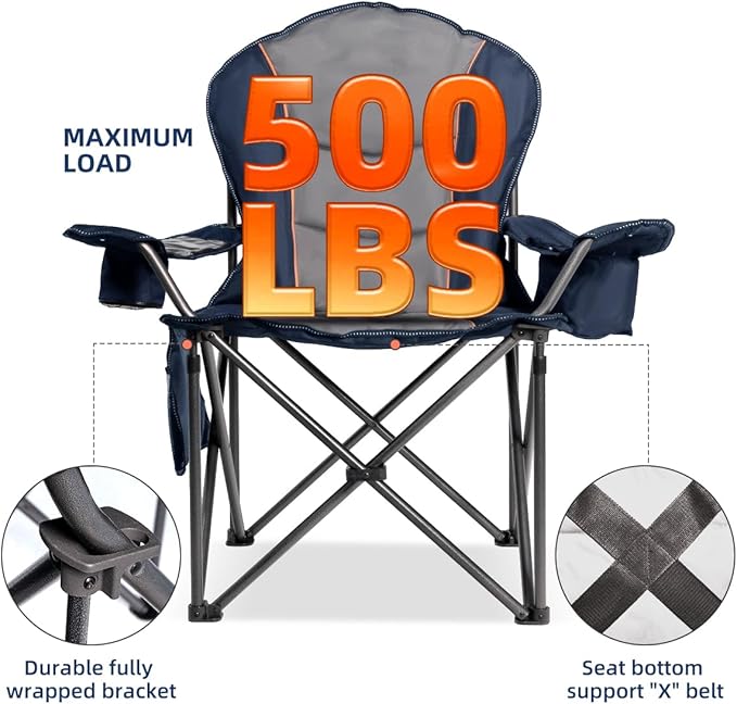 Foristrail Large Camping Chair with Side Table Heavy Duty 500LBS - Folding Outdoor Chair with Cooler Bag (Blue & Gray, 1 PCS)