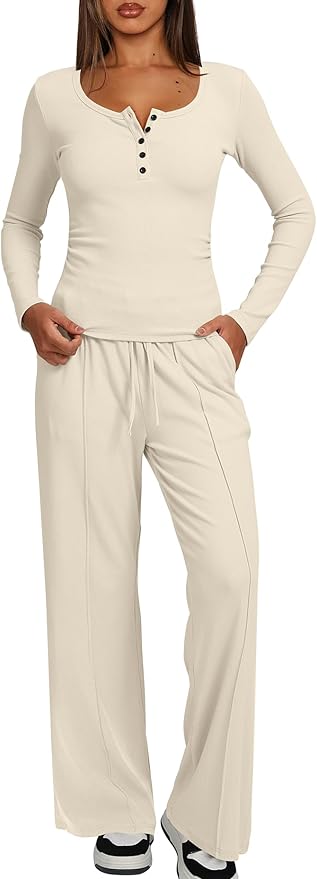Darong Womens 2 Piece Matching Lounge Sets 2026 Long Sleeve Henley Shirts Wide Leg Pants Airport Travel Outfits