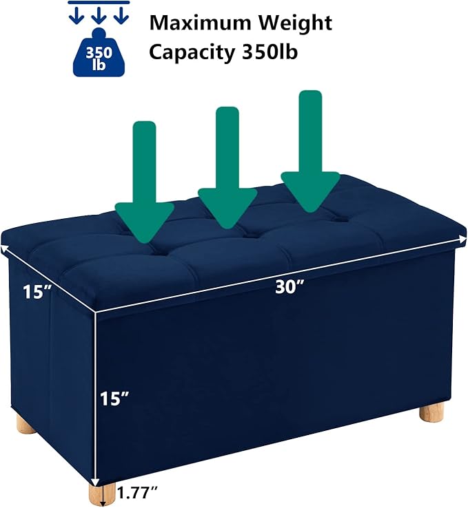 30 Inches Folding Storage Ottoman Bench, Velvet Storage Chest, Footrest Couch with Wooden Legs, Support 350lbs for Bedroom, Living Room, Hallway, Navy Blue