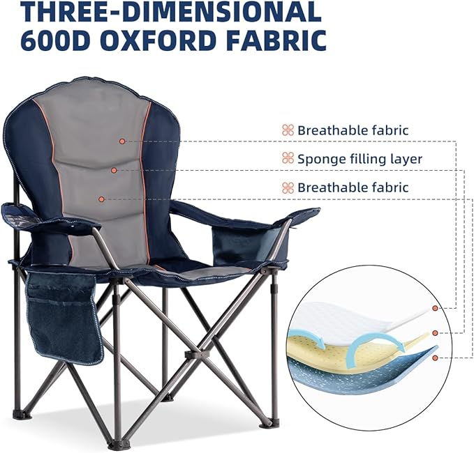 Foristrail Large Camping Chair with Side Table Heavy Duty 500LBS - Folding Outdoor Chair with Cooler Bag (Blue & Gray, 2 PCS)
