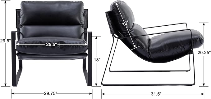Mid-Century Accent Chair, Comfy PU Leather Side Chair with Armrest, Upholstered Leisure Chair with Black Metal Frame for Living Room Bedroom Reception Room, Black
