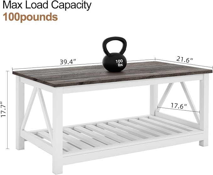 UYIHOME Farmhouse Coffee Table, White Oak Coffee Table for Living Room, 2-Tier Rectangular Wooden Centre Cocktail Table with Slats Shelf Storage and V-Shaped Frame Modern Coffee Oak Grey