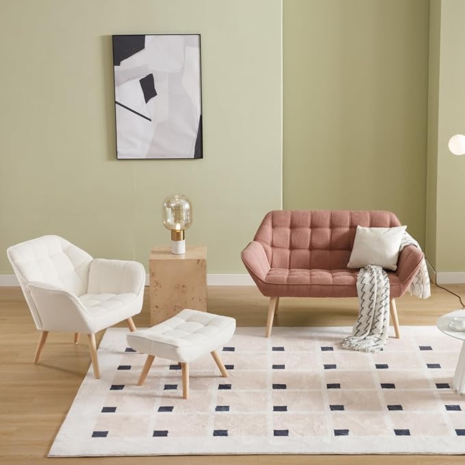48" Small Loveseat Sofa, Mid Century Modern Linen Love Seat with Wood Legs 2-Seat Sofa Couch Tufted Wingback Upholstered Sofa Chair for Living Room Bedroom Apartment, Pink