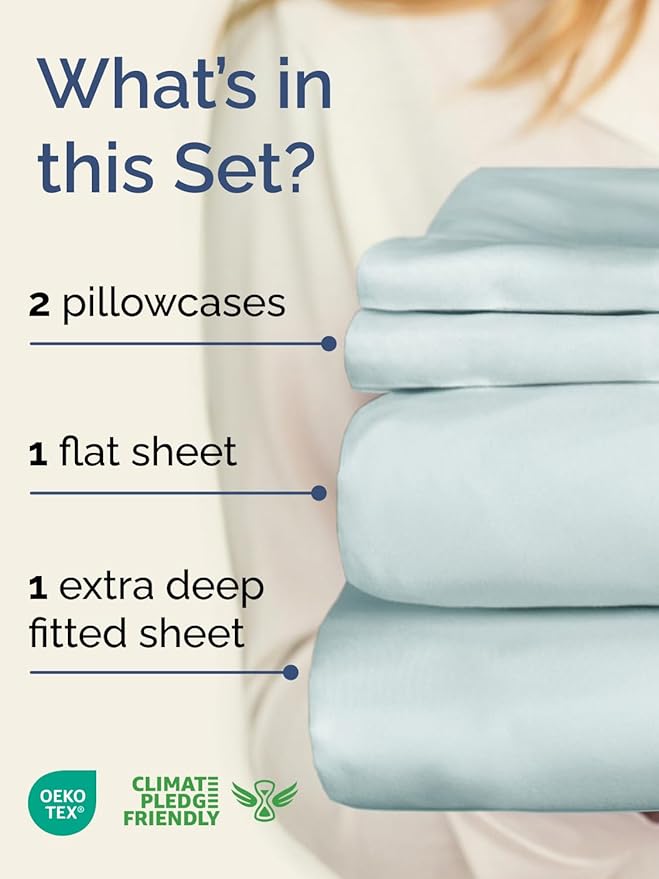 Extra Deep Pocket Cal King Sheets - 4 Piece Breathable & Cooling Bed Sheets - Hotel Luxury Bed Sheet Set - Soft, Wrinkle Free & Comfy - Easily Fits Extra Deep Mattresses - Deep Pocket Ice Blue Sheets