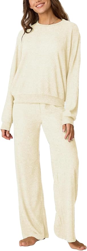 Aamikast Women's 2-Piece Lounge Set Soft Brushed Jersey Sleepwear Pajamas Set Long Sleeve Top & Wide Leg Pants