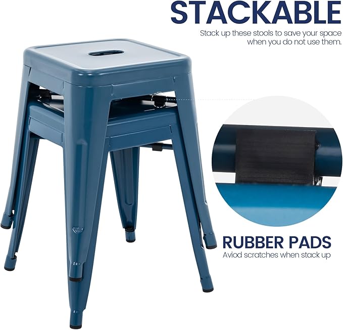 Brage Living 18 Inch Industrial Metal Stools Set of 2, Short Stackable Classroom Stools, Backless Metal Dining Chairs for Indoor Outdoor Kitchen (Deep Blue)