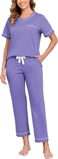 CF Women's 100% Cotton Pajama Sets Soft Short Sleeve Tops & Pants Comfy Sleepwear 2 Piece Lounge set with Pockets Loungewear