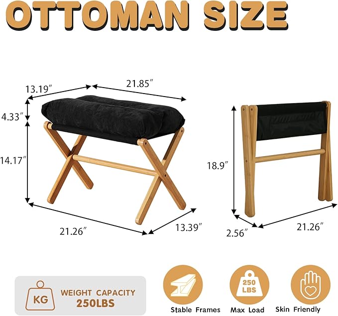 Ottoman Foot Rest- Bamboo Foldable Stool, Foot Stools Small Ottman with Upholstered & X Legs, Folding Stool for Makeup, Bedroom and Living Room (Black)