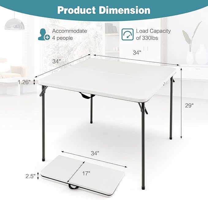 Tangkula 34" Folding Table, Portable Picnic Table with All-Weather HDPE Tabletop, Heavy-Duty Metal Frame, Carry Handle, Fold-in-Half Plastic Outdoor Table for Camping, Dining, BBQ, No Assembly Needed