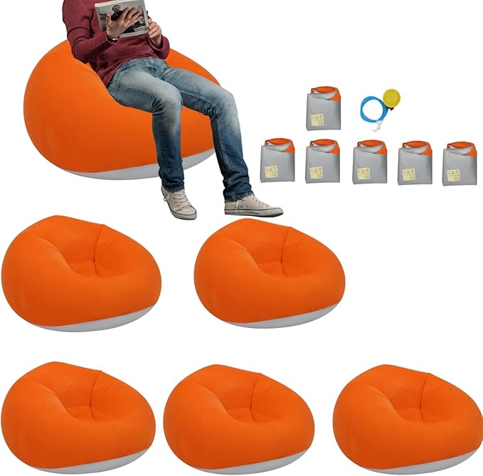 DYRABREST 6 Pcs Bean Bag Chairs for Adults, Inflatable Chairs with Air Pump, Folding Blow Up Couch, Flocking Portable Lazy Sofa for Movie Night, Living Room, Camping, 331 lbs Load-Bearing Capacity