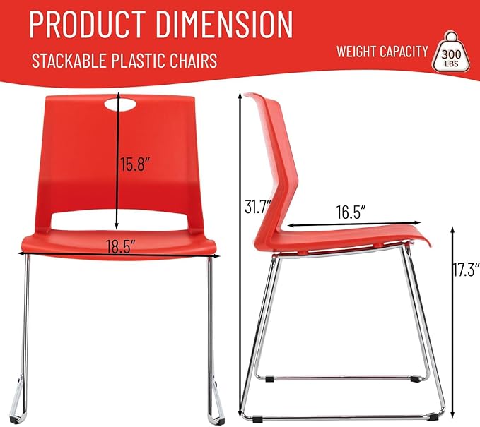 Office Guest Chair with Sled Base, Ergonomic Full Back Plastic Stacking Chair Without Wheels, Reception Chair for Office, Conference Room, Waiting Room, Red (4 Pack).