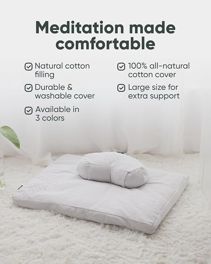 Mindful Modern Large Meditation Cushion | Zafu Yoga Bolster Meditation Floor Pillow Seat | Buckwheat Hull Filled Crescent Shaped Cushion with Removable Washable Cover + Carry Handle | White