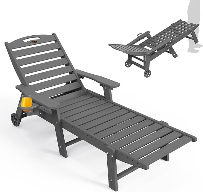 Ciokea Outdoor Lounge Chair HDPE Chair with Rolling Wheels, Dark Grey
