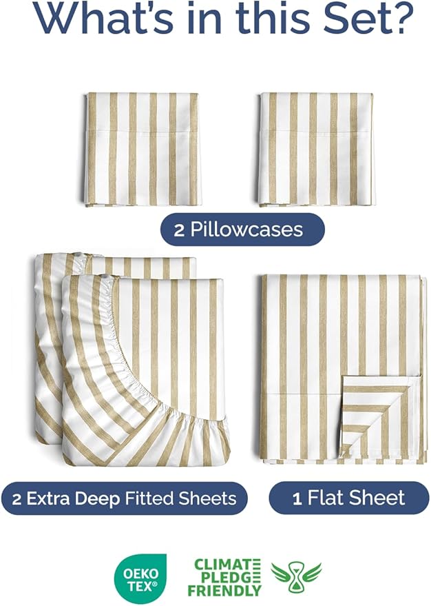 Extra Deep Pocket Split King Sheets - 5 Piece Breathable & Cooling Bed Sheets - Hotel Luxury Bed Sheet Set - Soft, Wrinkle Free & Comfy - Easily Fits Extra Deep Mattresses - Beige Striped Sheets Set