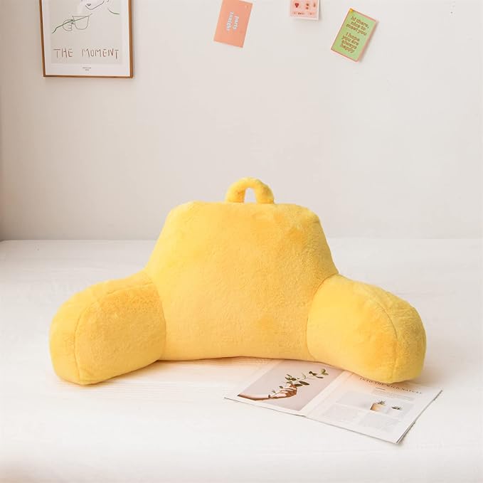 A Nice Night Faux Fur Reading Pillow Bed Wedge Large Adult Children Backrest with Arms Back Support for Sitting Up in Bed/Couch for Bedrest,Yellow
