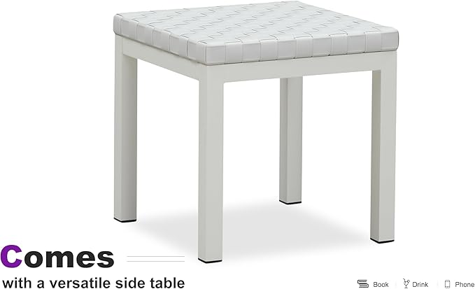 PURPLE LEAF Patio Lounge Chair Modern Outdoor PU Leather Style Chaise Lounge 1 Piece with Side Table Adjustable Backrest Aluminum Luxury Chaise Lounge Chairs for Pool Garden Backyard Beach, White