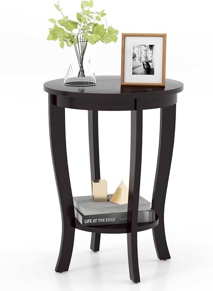 GOFLAME 2-Tier Round End Table, 18” Sofa Side Table with Storage Shelf, Floor Tea Table with Solid Wood Legs, Compact Nightstand for Small Space, Living Room, Bedroom, Espresso