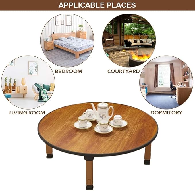 Japanese Foldable Coffee Table, Portable Low Tea Table Wooden Folding Dining Study Breakfast Serving Table Collapsable Small Desk Tatami Sitting On The Floor Table (31.5 * 11.8in, Round)