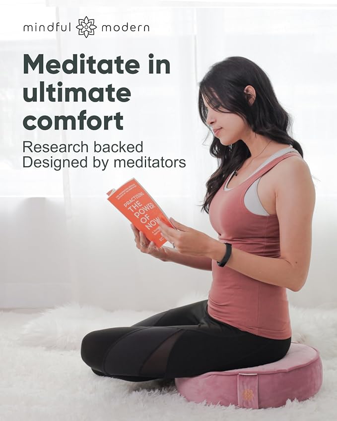 Mindful Modern Velvet Meditation Cushion | Luxe Zafu Yoga Floor Pillow Seat | Posture Support | Buckwheat Hull Filled | Large Round Cushion with Removable Washable Cover + Carry Handle