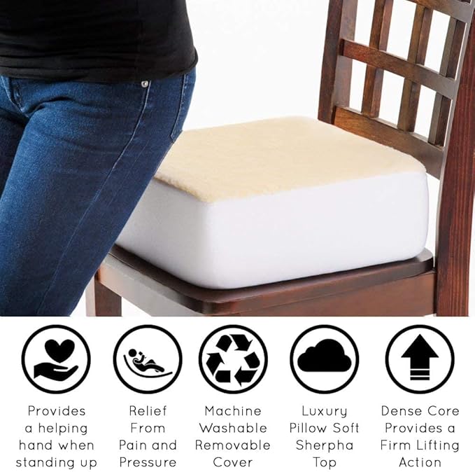 Comfort Finds Rise with Ease Seat Cushion - Thick Firm Chair Cushion Booster - Extra Thick Foam Pad for Home, Patio, Office and Car Seats - Extra Supportive Lift - 15.5 X 18 X 5 (Sherpa Cream)