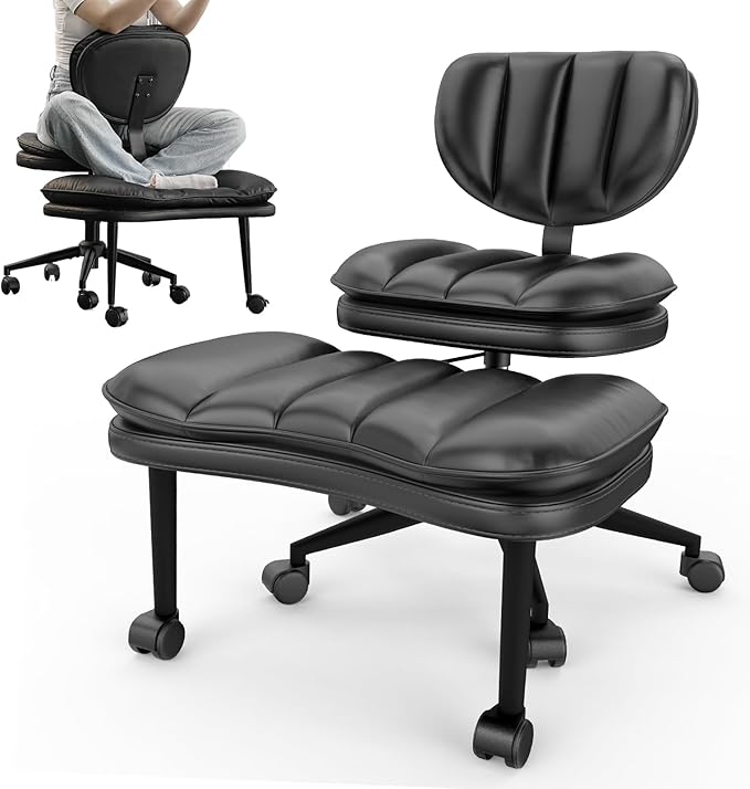 Cross Legged Office Chair, Ergonomic Cloud Criss Cross Desk Chair, Meditation Chair with Wheels, Height Adjustable Seat for ADHD, Wide Kneeling Chair with Back Support, Black