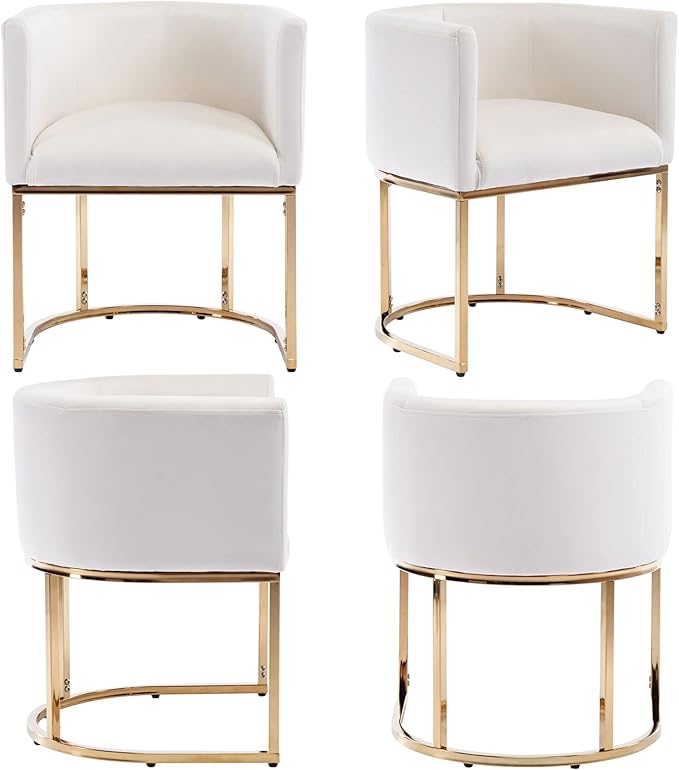 VESCASA Velvet Upholstered Dining Chair with Barrel Back, Mid Century Modern Padded Restaurant Chair with Gold Metal Frame for Kitchen, Dining Room, 1 Piece, White