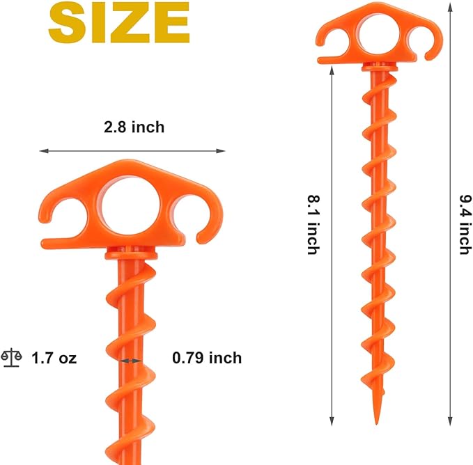 COBARYEN Tent Stakes Ground Anchors Screw in, 16 Pack Sand Stakes for Beach 9.4 Inch Heavy Duty Spiral Tent Pegs for Camping, Party, Hiking, Outdoor Decoration (16, Orange)