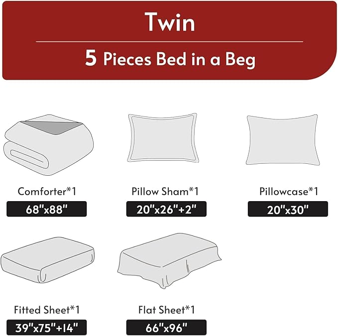MUXHOMO 5 Pieces Twin Comforter Set, Reversible Bed in a Bag Twin Size, All Season Bedding Set with Comforter, Flat Sheet, Fitted Sheet, Pillowcases & Shams, Red & Black