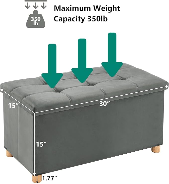 30 Inches Folding Storage Ottoman Bench, Velvet Storage Chest, Footrest Couch with Wooden Legs, Support 350lbs for Bedroom, Living Room, Hallway, Grey
