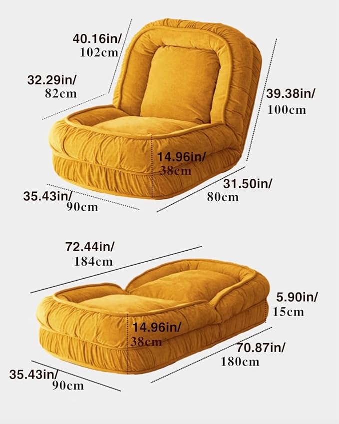 LouannTatami Foldable Lazy Sofa Bed Floor Chair - Adjustable Human Dog Bed for Adults Kids Floor Seats - Cozy Small Couch for Home Living Room (Yellow)