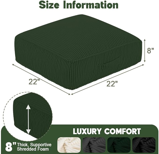 PRIMEPATIO Floor Pillow for Adults, 8" Square Floor Cushions with Washable Cover, Large Corduroy Meditation Pillow, 22 inches Tatami Seat with Handle for Living Room or Yoga, Green