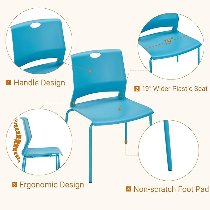 Sidanli Waiting Room Chairs, Stackable Office Chairs with Comfortable Streamline Seat, Blue Stacking Chairs No Wheels for Meeting Room, Set of 4.