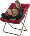 Athena Collection Saucer Chair for Adult, Square Comfy Cozy Chair Folding Chair Faux Fur Metal Frame Foldable Reading Chair Accent Chair for Bed Room Living Room, Brown