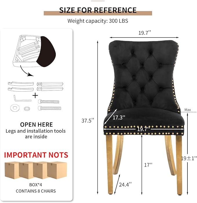 YeahFurn Mid Century Modern Dining Chairs Set of 8, Velvet Upholstered Tufted Back, Black Kitchen & Dining Room Chairs, Gold Metal Legs, Nailhead Trim, Sillas para Comedor (Black, 8 Pcs)