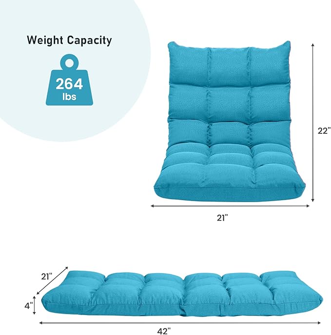 COSTWAY Peacock Blue Folding Gaming Chair, Adjustable 14-Position Floor Sofa with Back Support, Alloy Steel Frame, Lazy Sofa Lounge for Playing, Reading, Meditating, Recliner for Adults, Kids