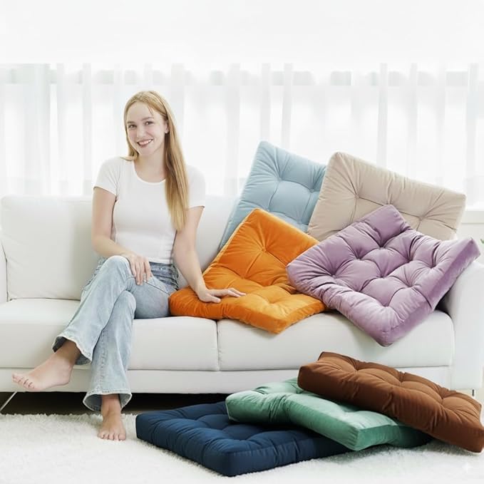 Velvet Floor Pillow,Square Large Pillows Seating for Adults, Green Tufted Cushions for Meditation, Yoga Tatami Living Room Chair Booster Machine-Washable & Dryer-Safe, Green, 22x22 Inch