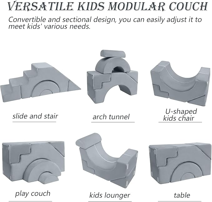 MeMoreCool Modular Kids Sofa – Convertible Foam Couch with Slide & Stair, Playroom & Bedroom Sectional Child Furniture | Soft Washable Cover | Ages 3+ | Grey