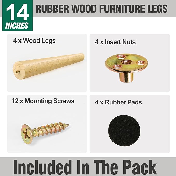FoDau770 Rubber Wood Furniture Legs 14 Inches, Slant Tapered Wood Feet Mid Century Sofa Legs Set of 4, 5/16" UNC Furniture Feet Replacement Parts for Cabinet Couch Dresser Chair Ottoman Table
