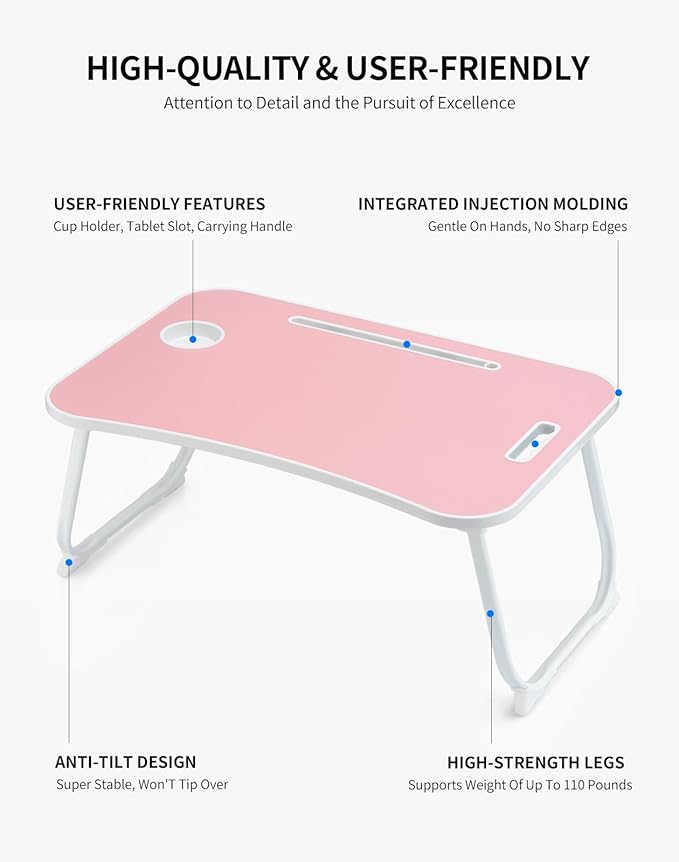ZEAPTAC Laptop Bed Desk, Foldable Lap Desk, Portable Lap Table, Laptop Stand with Cup Holder & Tablet Slot & Lifting Handle for Working Writing Drawing & Eating - Pink