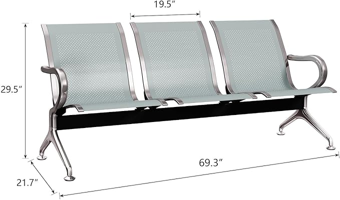 Kinsuite 3-Seat Reception Chairs - Waiting Room Chairs with Arms & Stainless Steel Frame, Waiting Room Bench Lobby Chairs for Office Airport Bank Hospital, Silver