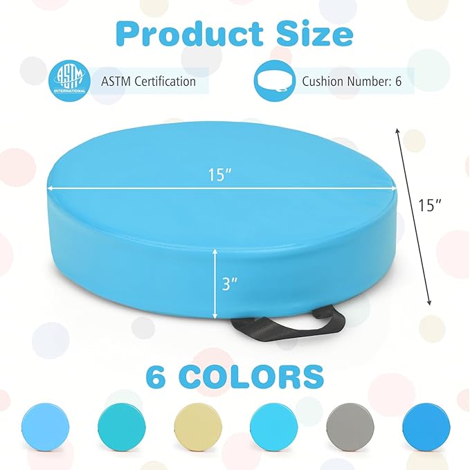 DORTALA 6 PCS Round Flexible Seating Floor Cushions, PU + EPE Portable Classroom Cushion w/Handles, Stackable Seating Cushions for Classroom, Daycare, Preschool (Blue)