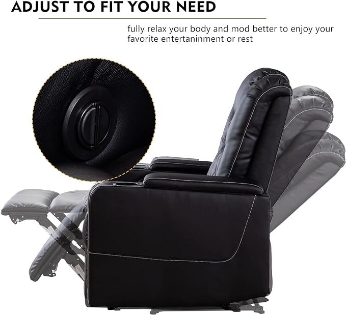 CANMOV Electric Power Recliner Chair with USB Ports and Cup Holders, Breathable Leather Home Theater Seating with Hidden Arm Storage (Black)