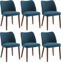 ElfinAura Dining Chair Set of 6, Linen Upholstered Dining Chair with Wood Legs, Wing Backrest, Wooden Kitchen Chair, Kitchen Chairs with Thick Cushions for Dining Room, Living Room, Blue