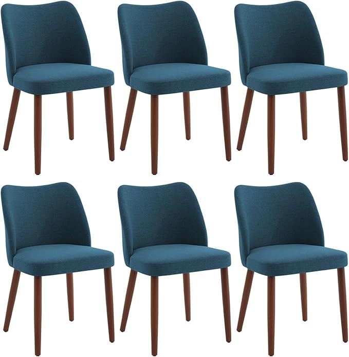 ElfinAura Dining Chair Set of 6, Linen Upholstered Dining Chair with Wood Legs, Wing Backrest, Wooden Kitchen Chair, Kitchen Chairs with Thick Cushions for Dining Room, Living Room, Blue