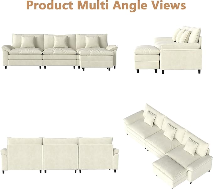 Aoowow Modular Sectional Sofa Modern Convertible L Shaped Couch,118.9 Inch Deep 3-Seater Sofas Set Comfy Chenille Cloud Sofas and Couches with Movable Ottoman for Living Room Apartment(Beige)