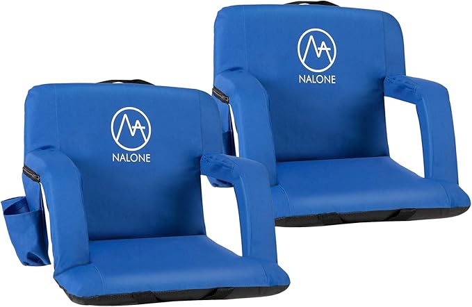 nalone Folding Stadium Seat Set of 2, 20.5 inch Wide Stadium Chairs for Bleachers Stadium Seat Bleacher Chairs Portable with Back Supports Thick Padded Cushion Armrests Reclining (Blue)