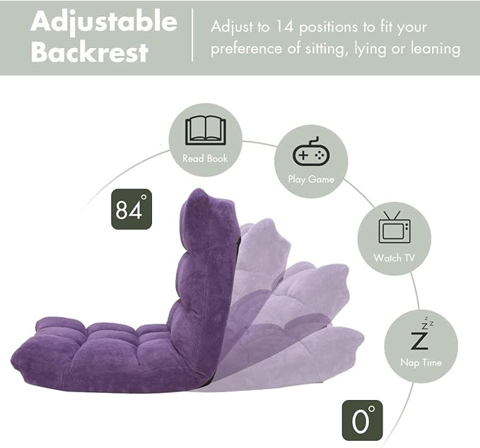 S AFSTAR Cushioned Floor Chair, 14-Position Adjustable Padded Lazy Recliner with Comfortable Back Support and Skin-Friendly Cover, Great for Reading, Playing Game, Meditating (Tender Violet)