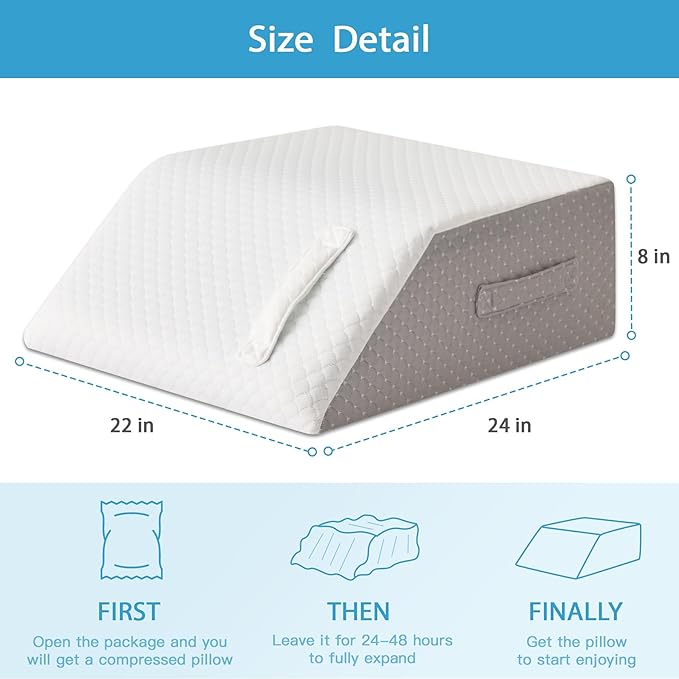 MEGCXIT Leg Pillow Elevation Blood Circulation, Leg Wedge for Elevation for Swelling, Leg Elevating Pillow for After Surgery, Memory Foam Foot Knee Pillow for Back Sleeping 24×22×8 Inch White/Grey