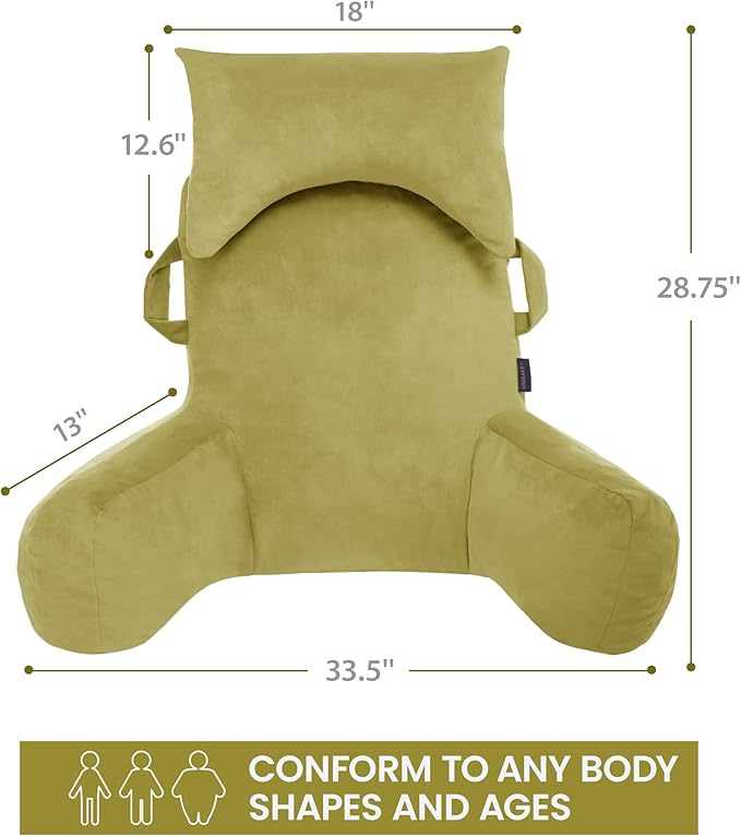 Unisakey Portable Reading Pillows with Headrest for Bed Sitting Up(Pale Green Oeko-Tex), Velvet Back Pillow with Arms & Pockets for Adults, Support Memory Foam Bed Pillow for Dorm/Watching/Gaming