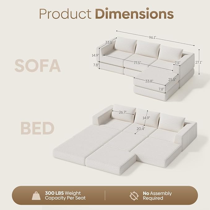 L-Shaped Corduroy Modular Sectional Couch, Modern Floor Couch Sofa for Apartment Living Room, Convertible Sleeper Sofa Bed with 3 Pillows, No Assembly Required, Beige